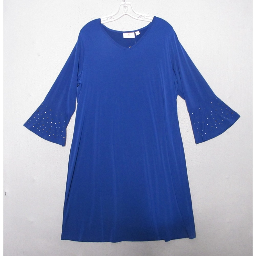 Quacker Factory Dress Large Blue Studded Jeanne Bice Bell Sleeve Shift Party NWT